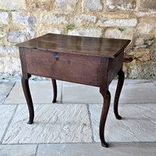 Load image into Gallery viewer, wonderful-shape-early-Georgian-oak-low-boy-top-with-moulded-edge-full-width-drawer-overlapping-ovolo-moulding-shaped-frieze-slim-tapered-cabriole-legs-elegant-useful-side-lamp-table-good-condition-provenance-vernacular-early-oak-country-for-sale-damon-blandford-antiques-stow-on-the-wold-gloucestershire