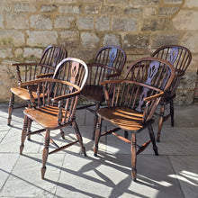 Load image into Gallery viewer, five-well-matched-windsor-armchairs-ash-splat-hoop-stick-back-central-shaped-splat-pierced-decoration-arm-bow-turned-supports-saddled-seat-turned-legs-H-shape-stretcher-very-comfortable-excellent-solid-condition-function-well-as-informal-dining-chairs-for-sale-damon-blandford-antiques-stow-on-the-wold-stroud-cotswolds-antique-seating