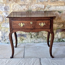 Load image into Gallery viewer, wonderful-shape-early-Georgian-oak-low-boy-top-with-moulded-edge-full-width-drawer-overlapping-ovolo-moulding-shaped-frieze-slim-tapered-cabriole-legs-elegant-useful-side-lamp-table-good-condition-provenance-vernacular-early-oak-country-for-sale-damon-blandford-antiques-stow-on-the-wold-gloucestershire