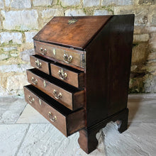 Load image into Gallery viewer, virginia-black-walnut-wonderful-small-proportions-magnificent-bureau-well-figured-fall-front-fitted-interior-drawers-pigeon-holes-storage-well-escutcheons-swan-neck-handles-bracket-feet-excellent-condition-north-america-navel-stores-act-1721-english-circa-1720s-1730s-1740s-1750s-for-sale-damon-blandford-antiques-stow-on-the-wold-cotswolds