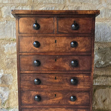 Load image into Gallery viewer, good-provincial-walnut-veneer-chest-two-short-eight-long-graduated-drawers-original-turned-wooden-drawer-pulls-brass-locks-escutcheons-plinth-base-excellent-colour-wonderful-patina-English-circa-1800-storage-for-sale-damon-blandford-antiques-stow-on-the-wold-cotswolds-antique-furniture