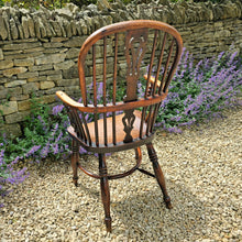 Load image into Gallery viewer, Good-quality-well-proportioned-high-back-windsor-armchair-Walker-Rockley-workshop-Nottinghamshire-yew-wood-saddled-elm-seat-shaped central-splat-pierced-decoration-arm-bow-turned-supports-elm-seat-crinoline-stretcher-good-colour-excellent-condition-impressed-makers-mark-for-sale-damon-blandford-antiques-cotswolds-stow-on-the-wold-country-regional-furniture