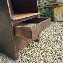 Load image into Gallery viewer, good-example-vernacular-lambing-chair-painted-pine-boarded-paneled-back-shaped-crest-rail-side-wings-generous-shaped-arm-supports-boarded-seat-drawer-under-seat-storage-shepherds-lambing-raked-back-rests-comfortable-side-wings-lancashire-circa-1800-late-C18th-earlyC19th-century-for-sale-damon-blandford-antiques-stow-on-the-wold-cotswolds