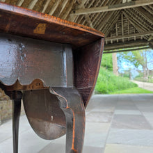 Load image into Gallery viewer, good-early-georgian-drop-leaf-table-excellent-colour-oval-top-decorative-shaped-freeze-cabriole-legs-pad-feet-compact-size-dinning-table-four-people-versatile-design-sofa-side-table-excellent-condition-for-sale-damon-blandford-antiques-cotswolds