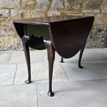 Load image into Gallery viewer, good-early-georgian-drop-leaf-table-excellent-colour-oval-top-decorative-shaped-freeze-cabriole-legs-pad-feet-compact-size-dinning-table-four-people-versatile-design-sofa-side-table-excellent-condition-for-sale-damon-blandford-antiques-cotswolds