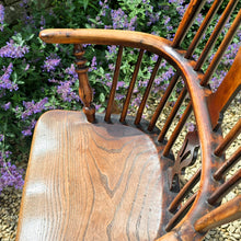 Load image into Gallery viewer, Good-quality-well-proportioned-high-back-windsor-armchair-Walker-Rockley-workshop-Nottinghamshire-yew-wood-saddled-elm-seat-shaped central-splat-pierced-decoration-arm-bow-turned-supports-elm-seat-crinoline-stretcher-good-colour-excellent-condition-impressed-makers-mark-for-sale-damon-blandford-antiques-cotswolds-stow-on-the-wold-country-regional-furniture