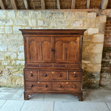 Load image into Gallery viewer, Good-well-proportioned-furniture-early19th- oak—court-cupboard-excellent-storage-top-section-canted-corners-spiral-design-flanking-ogee-panel-doors-shelf-moulded-cornice-mahogany-band-bottom-section-cock-bead-drawers-lined-pine-turned-wooden-drawer-pulls-bracket-feet-excellent-condition-good-warm-honey-colour-tones-North-West-Welsh-Borders-circa-1810-1820-for-sale-damon-blandford-antiques-stow-on-the-wold-early-oak