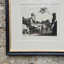 Load image into Gallery viewer, C19th-engraving-the-prodigal-son-1882-by-william-strang-original-etching-signed-in-the-plate-scottish-painter-and-print-maker-illustrating-works-of-byron-colridge-kipling-london-slade-school-studying-art-under-alphonse-legros-royal-society-of-painters-etchers-excellent-condition-new-bespoke-made-gesso-painted-parcel-gilt-frame-for-sale-damon-blandford-antiques-stow-on-the-wold-cotswold-wall-art-print-antique