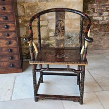 Load image into Gallery viewer, highly-decorative-chinese-ming-style-quanyi-armchair-early-C20th-continuous-crest-rail-back-splat-black-lacquer-hand-painted-decoration-dragon-phoenix-horseshoe-excellent-condition-circa-1920's-for-sale-damon-blandford-antiques-stow-on-the-wold-cotswolds-oriental-seating-chair-decorative-home