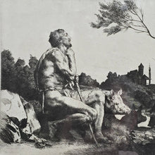 Load image into Gallery viewer, C19th-engraving-the-prodigal-son-1882-by-william-strang-original-etching-signed-in-the-plate-scottish-painter-and-print-maker-illustrating-works-of-byron-colridge-kipling-london-slade-school-studying-art-under-alphonse-legros-royal-society-of-painters-etchers-excellent-condition-new-bespoke-made-gesso-painted-parcel-gilt-frame-for-sale-damon-blandford-antiques-stow-on-the-wold-cotswold-wall-art-print-antique