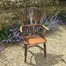 Load image into Gallery viewer, Good-quality-well-proportioned-high-back-windsor-armchair-Walker-Rockley-workshop-Nottinghamshire-yew-wood-saddled-elm-seat-shaped central-splat-pierced-decoration-arm-bow-turned-supports-elm-seat-crinoline-stretcher-good-colour-excellent-condition-impressed-makers-mark-for-sale-damon-blandford-antiques-cotswolds-stow-on-the-wold-country-regional-furniture
