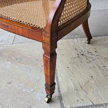 Load image into Gallery viewer, fine-19th-century-adam-style-bergère-arm-chair-generous-wide-deep-proportions-concave-arm-supports-square-tapered-swept-legs-brass-castors-satinwood-frame-painted-neo-classical-design-foliage-flowers-line-decoration-scrolled-crest-rail-young-lady-spaniel-cane-work-seat-back-rest-excellent-original-condition-good-vibrant-colours-excellent-example-aesthetic-appeal-for-sale-damon-blandford-antiques-stow-on-the-wold-cotswolds