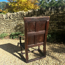 Load image into Gallery viewer, chair-seat-seating-late-17th-century-panel-back-open-armchair-fielded-panels-down-swept-arms-turned-supports-boarded-seat-baluster-turned-front-legs-rectangular-section-stretchers-attractive-structurally-solid-chair-generous-proportions-gentle-rake-back-rest-comfortable-for-sale-damon-blandford-antiques-stow-on-the-wold