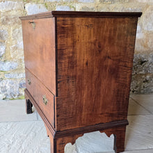Load image into Gallery viewer, from-the-mrs-henry-ford-II-collection-chest-rare-american-late-18th-century-chippendale- maple-new-england-fiddle-back-maple-eaton-square-london-turville-grange-buckinghamshire-rectangular-top-moulded-edges-lift-up-lid-large-storage-area-full-width-drawer-raised-on-tall scrolling-bracket-feet-period-style-original-brass-handles-lock-escutcheon-excellent-condition-full-sensitive-restoration-excellent-quality-piece-would-sit-well-within-period-contemporary-setting-elegant-clean-lines-fabulous-colour-very-well