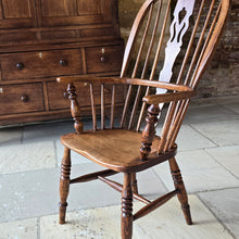 Load image into Gallery viewer, Well-proportioned-windsor-armchair-constructed-in-ash-elm-seat-fruitwood-splat-hoop-stick-back-central-shaped-splat-pierced-decoration-arm-bow-baluster-shape-supports-saddled-seat-turned-legs-H-shape-stretcher-very-comfortable-excellent-solid-condition-Lincolnshire-circa-1860-90-for-sale-damon-blandford-antiques-stow-on-the-wold-anttique-seating