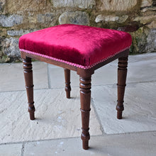Load image into Gallery viewer, good-quality-early-19th-century-william-IV-mahogany-stool-nicely-turned-legs-re-upholstered-traditional-manner-new-webbing-original-seat-pad-horse-hair-filling-high-quality-velvet-excellet-fully-restored-condition-english-circa-1830s-for-sale-damon-blandford-antiques-stow-on-the-wold-stroud-cotswolds-antique-seating
