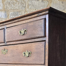 Load image into Gallery viewer, good-late-18th-century-oak-chest-of-drawers-constructed-from-well-figured-timbers-two-short-three-long-graduated-drawers-ovolo-moulding-original-brass-drop-handles-bracket-feet-good-colour-excellent-restored-condition-for-sale-damon-blandford-antiques-stroud-cotswolds-antique-furniture-storage