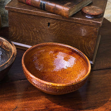 Load image into Gallery viewer, great-colour-studio-pottery-bowl-peter-dick-coxwold-pottery-north-yorkshire-20th-century-attractive-bowl-vibrant-treacle-colour-glaze-textured-surface-variations-in-colour-excellent-condition-impressed-mark-to-foot-for-sale-damon-blandford-antiques-cotswolds
