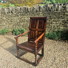 Load image into Gallery viewer, chair-seat-seating-late-17th-century-panel-back-open-armchair-fielded-panels-down-swept-arms-turned-supports-boarded-seat-baluster-turned-front-legs-rectangular-section-stretchers-attractive-structurally-solid-chair-generous-proportions-gentle-rake-back-rest-comfortable-for-sale-damon-blandford-antiques-stow-on-the-wold