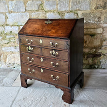 Load image into Gallery viewer, virginia-black-walnut-wonderful-small-proportions-magnificent-bureau-well-figured-fall-front-fitted-interior-drawers-pigeon-holes-storage-well-escutcheons-swan-neck-handles-bracket-feet-excellent-condition-north-america-navel-stores-act-1721-english-circa-1720s-1730s-1740s-1750s-for-sale-damon-blandford-antiques-stow-on-the-wold-cotswolds