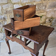 Load image into Gallery viewer, Good-colour-early-georgian-oak-side-table-lowboy-three-overlapping-drawers-ovolo-mouldings-retaining-original-brass-handles-shaped-frieze-cabriole-legs-pad-feet-solid-stable-condition-honest-attractive-useful-english-circa-1720s-for-sale-damon-blandford-antiques-stow-on-the-wold-cotswolds