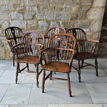Load image into Gallery viewer, five-well-matched-windsor-armchairs-ash-splat-hoop-stick-back-central-shaped-splat-pierced-decoration-arm-bow-turned-supports-saddled-seat-turned-legs-H-shape-stretcher-very-comfortable-excellent-solid-condition-north-east-england-circa-1840-1870-function-well-as-informal-dining-chairs-for-sale-damon-blandford-antiques-stow-on-the-wold-stroud-cotswolds-antique-seating