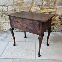 Load image into Gallery viewer, Good-colour-early-georgian-oak-side-table-lowboy-three-overlapping-drawers-ovolo-mouldings-retaining-original-brass-handles-shaped-frieze-cabriole-legs-pad-feet-solid-stable-condition-honest-attractive-useful-english-circa-1720s-for-sale-damon-blandford-antiques-stow-on-the-wold-cotswolds
