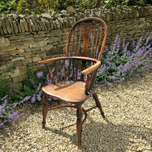 Load image into Gallery viewer, Good-quality-well-proportioned-high-back-windsor-armchair-Walker-Rockley-workshop-Nottinghamshire-yew-wood-saddled-elm-seat-shaped central-splat-pierced-decoration-arm-bow-turned-supports-elm-seat-crinoline-stretcher-good-colour-excellent-condition-impressed-makers-mark-for-sale-damon-blandford-antiques-cotswolds-stow-on-the-wold-country-regional-furniture