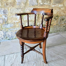 Load image into Gallery viewer, 19th-century-bow-back-armchair-attributed-architect-designer-Edward-William-Godwin-elm-bobbin-turned-supports-well-figured-single-plank-circular-saddled-seat-slab-out-swept-legs-turned-cross-stretchers-centrallyleg-Ruskinian-Gothic-Northampton-Guildhall-excellent-colour-condition-desk-chaie-english-circa-1870-for-sale-damon-blandford-antiques-cotswolds-stow-on-the-wold