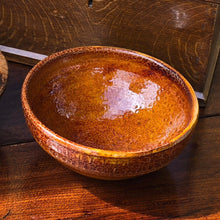 Load image into Gallery viewer, great-colour-studio-pottery-bowl-peter-dick-coxwold-pottery-north-yorkshire-20th-century-attractive-bowl-vibrant-treacle-colour-glaze-textured-surface-variations-in-colour-excellent-condition-impressed-mark-to-foot-for-sale-damon-blandford-antiques-cotswolds