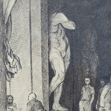 Load image into Gallery viewer, wonderfully-atmospheric-pen-and-ink-drawing-by-david-hill-figures-in-a-museum-exceptionally-good-use-of-light-gentlemen-stands-deep-shadow-gazing-at-oversized-classical-sculpture-male-nude-couple-sitting-gazing-at-each-other-glass-of-wine-dutch-parentage-david-hill-cleveland-ohio-travel-architecture-painting-new-york-paris-good-quality-hardwood-frame-for-sale-damon-blandford-antiques-cotswolds