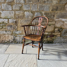 Load image into Gallery viewer, five-well-matched-windsor-armchairs-ash-splat-hoop-stick-back-central-shaped-splat-pierced-decoration-arm-bow-turned-supports-saddled-seat-turned-legs-H-shape-stretcher-very-comfortable-excellent-solid-condition-function-well-as-informal-dining-chairs-for-sale-damon-blandford-antiques-stow-on-the-wold-stroud-cotswolds-antique-seating