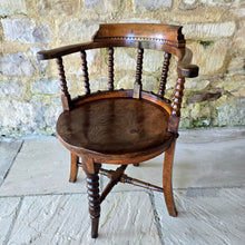 Load image into Gallery viewer, 19th-century-bow-back-armchair-attributed-architect-designer-Edward-William-Godwin-elm-bobbin-turned-supports-well-figured-single-plank-circular-saddled-seat-slab-out-swept-legs-turned-cross-stretchers-centrallyleg-Ruskinian-Gothic-Northampton-Guildhall-excellent-colour-condition-desk-chaie-english-circa-1870-for-sale-damon-blandford-antiques-cotswolds-stow-on-the-wold