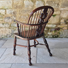 Load image into Gallery viewer, stunning-best-low-yew-wood-windsor-arm-chair-by-allsop-worksop-nottinghamshire-well-figured-burr-yew-christmas-tree-splat-under-cut-arm-bow-well-turned-legs-united-by-crinoline-stretcher-excellent-colour-very-comfortable-rare-four-spindles-for-sale-damon-blandford-antiques-cotswolds-antique-furniture