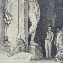 Load image into Gallery viewer, wonderfully-atmospheric-pen-and-ink-drawing-by-david-hill-figures-in-a-museum-exceptionally-good-use-of-light-gentlemen-stands-deep-shadow-gazing-at-oversized-classical-sculpture-male-nude-couple-sitting-gazing-at-each-other-glass-of-wine-dutch-parentage-david-hill-cleveland-ohio-travel-architecture-painting-new-york-paris-good-quality-hardwood-frame-for-sale-damon-blandford-antiques-cotswolds