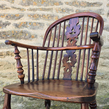 Load image into Gallery viewer, stunning-best-low-yew-wood-windsor-arm-chair-by-allsop-worksop-nottinghamshire-well-figured-burr-yew-christmas-tree-splat-under-cut-arm-bow-well-turned-legs-united-by-crinoline-stretcher-excellent-colour-very-comfortable-rare-four-spindles-for-sale-damon-blandford-antiques-cotswolds-antique-furniture