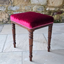 Load image into Gallery viewer, good-quality-early-19th-century-william-IV-mahogany-stool-nicely-turned-legs-re-upholstered-traditional-manner-new-webbing-original-seat-pad-horse-hair-filling-high-quality-velvet-excellet-fully-restored-condition-english-circa-1830s-for-sale-damon-blandford-antiques-stow-on-the-wold-stroud-cotswolds-antique-seating