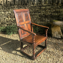 Load image into Gallery viewer, chair-seat-seating-late-17th-century-panel-back-open-armchair-fielded-panels-down-swept-arms-turned-supports-boarded-seat-baluster-turned-front-legs-rectangular-section-stretchers-attractive-structurally-solid-chair-generous-proportions-gentle-rake-back-rest-comfortable-for-sale-damon-blandford-antiques-stow-on-the-wold