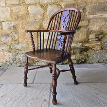 Load image into Gallery viewer, stunning-best-low-yew-wood-windsor-arm-chair-by-allsop-worksop-nottinghamshire-well-figured-burr-yew-christmas-tree-splat-under-cut-arm-bow-well-turned-legs-united-by-crinoline-stretcher-excellent-colour-very-comfortable-rare-four-spindles-for-sale-damon-blandford-antiques-cotswolds-antique-furniture