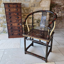 Load image into Gallery viewer, highly-decorative-chinese-ming-style-quanyi-armchair-early-C20th-continuous-crest-rail-back-splat-black-lacquer-hand-painted-decoration-dragon-phoenix-horseshoe-excellent-condition-circa-1920's-for-sale-damon-blandford-antiques-stow-on-the-wold-cotswolds-oriental-seating-chair-decorative-home