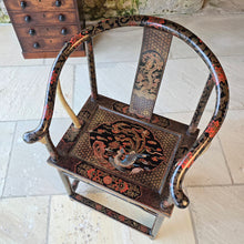Load image into Gallery viewer, highly-decorative-chinese-ming-style-quanyi-armchair-early-C20th-continuous-crest-rail-back-splat-black-lacquer-hand-painted-decoration-dragon-phoenix-horseshoe-excellent-condition-circa-1920's-for-sale-damon-blandford-antiques-stow-on-the-wold-cotswolds-oriental-seating-chair-decorative-home