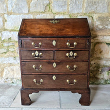 Load image into Gallery viewer, virginia-black-walnut-wonderful-small-proportions-magnificent-bureau-well-figured-fall-front-fitted-interior-drawers-pigeon-holes-storage-well-escutcheons-swan-neck-handles-bracket-feet-excellent-condition-north-america-navel-stores-act-1721-english-circa-1720s-1730s-1740s-1750s-for-sale-damon-blandford-antiques-stow-on-the-wold-cotswolds