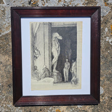 Load image into Gallery viewer, wonderfully-atmospheric-pen-and-ink-drawing-by-david-hill-figures-in-a-museum-exceptionally-good-use-of-light-gentlemen-stands-deep-shadow-gazing-at-oversized-classical-sculpture-male-nude-couple-sitting-gazing-at-each-other-glass-of-wine-dutch-parentage-david-hill-cleveland-ohio-travel-architecture-painting-new-york-paris-good-quality-hardwood-frame-for-sale-damon-blandford-antiques-cotswolds