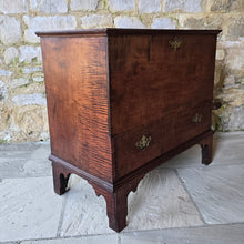 Load image into Gallery viewer, from-the-mrs-henry-ford-II-collection-chest-rare-american-late-18th-century-chippendale- maple-new-england-fiddle-back-maple-eaton-square-london-turville-grange-buckinghamshire-rectangular-top-moulded-edges-lift-up-lid-large-storage-area-full-width-drawer-raised-on-tall scrolling-bracket-feet-period-style-original-brass-handles-lock-escutcheon-excellent-condition-full-sensitive-restoration-excellent-quality-piece-would-sit-well-within-period-contemporary-setting-elegant-clean-lines-fabulous-colour-very-well