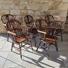 Load image into Gallery viewer, five-well-matched-windsor-armchairs-ash-splat-hoop-stick-back-central-shaped-splat-pierced-decoration-arm-bow-turned-supports-saddled-seat-turned-legs-H-shape-stretcher-very-comfortable-excellent-solid-condition-function-well-as-informal-dining-chairs-for-sale-damon-blandford-antiques-stow-on-the-wold-stroud-cotswolds-antique-seating