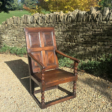Load image into Gallery viewer, chair-seat-seating-late-17th-century-panel-back-open-armchair-fielded-panels-down-swept-arms-turned-supports-boarded-seat-baluster-turned-front-legs-rectangular-section-stretchers-attractive-structurally-solid-chair-generous-proportions-gentle-rake-back-rest-comfortable-for-sale-damon-blandford-antiques-stow-on-the-wold