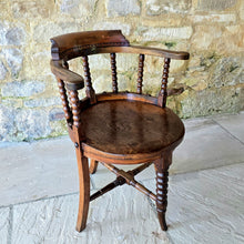 Load image into Gallery viewer, 19th-century-bow-back-armchair-attributed-architect-designer-Edward-William-Godwin-elm-bobbin-turned-supports-well-figured-single-plank-circular-saddled-seat-slab-out-swept-legs-turned-cross-stretchers-centrallyleg-Ruskinian-Gothic-Northampton-Guildhall-excellent-colour-condition-desk-chaie-english-circa-1870-for-sale-damon-blandford-antiques-cotswolds-stow-on-the-wold