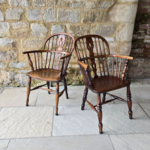 Load image into Gallery viewer, five-well-matched-windsor-armchairs-ash-splat-hoop-stick-back-central-shaped-splat-pierced-decoration-arm-bow-turned-supports-saddled-seat-turned-legs-H-shape-stretcher-very-comfortable-excellent-solid-condition-function-well-as-informal-dining-chairs-for-sale-damon-blandford-antiques-stow-on-the-wold-stroud-cotswolds-antique-seating