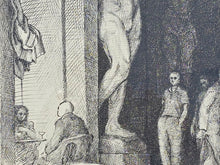 Load image into Gallery viewer, wonderfully-atmospheric-pen-and-ink-drawing-by-david-hill-figures-in-a-museum-exceptionally-good-use-of-light-gentlemen-stands-deep-shadow-gazing-at-oversized-classical-sculpture-male-nude-couple-sitting-gazing-at-each-other-glass-of-wine-dutch-parentage-david-hill-cleveland-ohio-travel-architecture-painting-new-york-paris-good-quality-hardwood-frame-for-sale-damon-blandford-antiques-cotswolds
