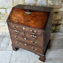 Load image into Gallery viewer, virginia-black-walnut-wonderful-small-proportions-magnificent-bureau-well-figured-fall-front-fitted-interior-drawers-pigeon-holes-storage-well-escutcheons-swan-neck-handles-bracket-feet-excellent-condition-north-america-navel-stores-act-1721-english-circa-1720s-1730s-1740s-1750s-for-sale-damon-blandford-antiques-stow-on-the-wold-cotswolds